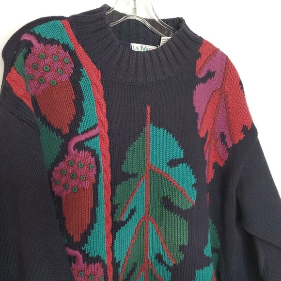 Le Moda 90s Embroidered Cotton Sweater L Navy Blue Green Leaves Acorns Autumn - Picture 2 of 5